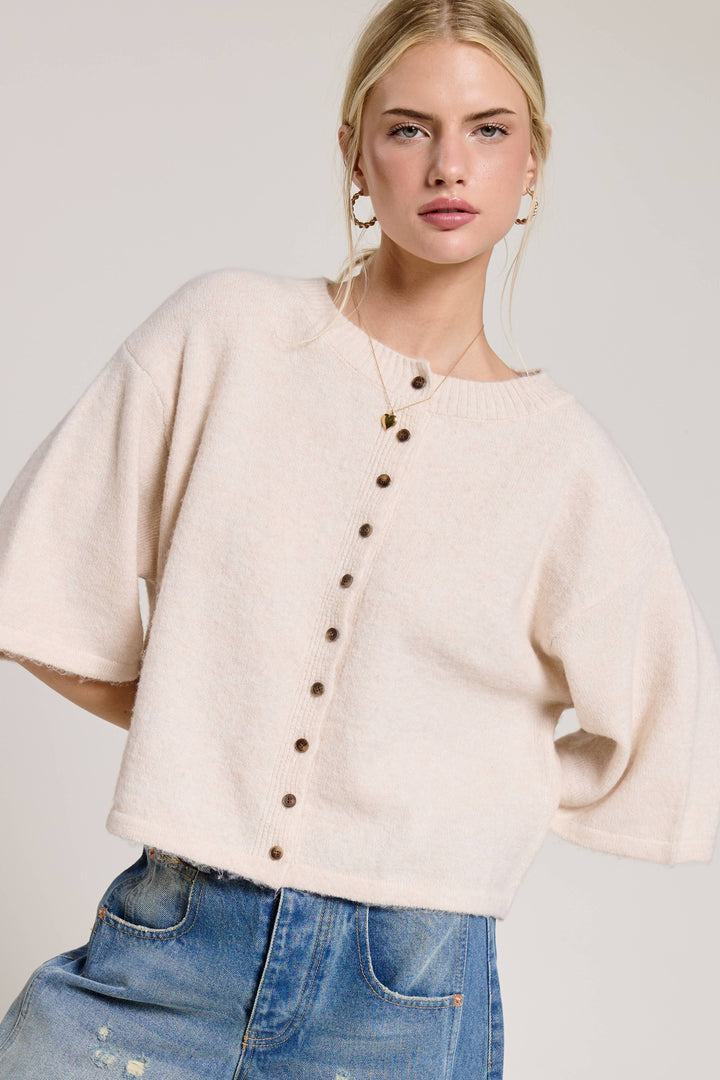 Wide Sleeve Button Front Knit Cardigan: Beige