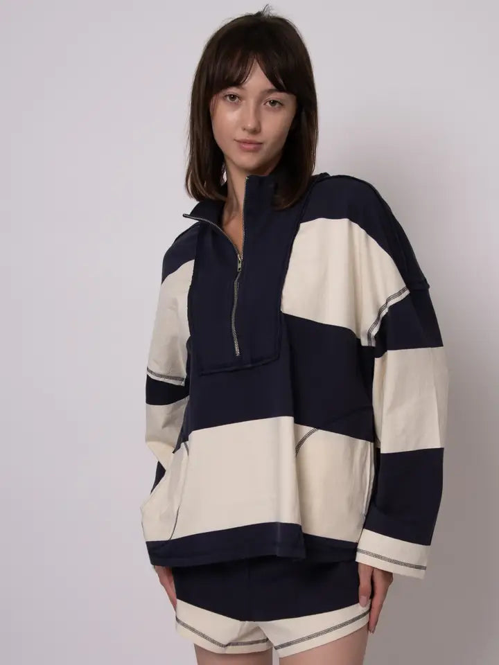 Camille Stripe Half Zip- Navy