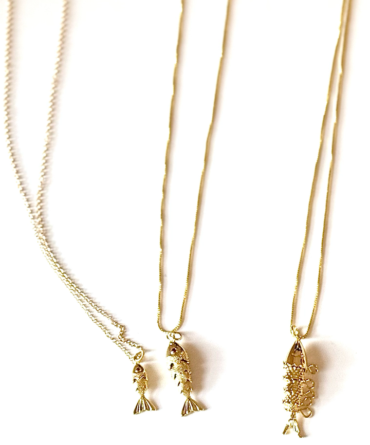 Lure- 14K Gold Steel Articulated Portuguese Fish Necklace : Medium