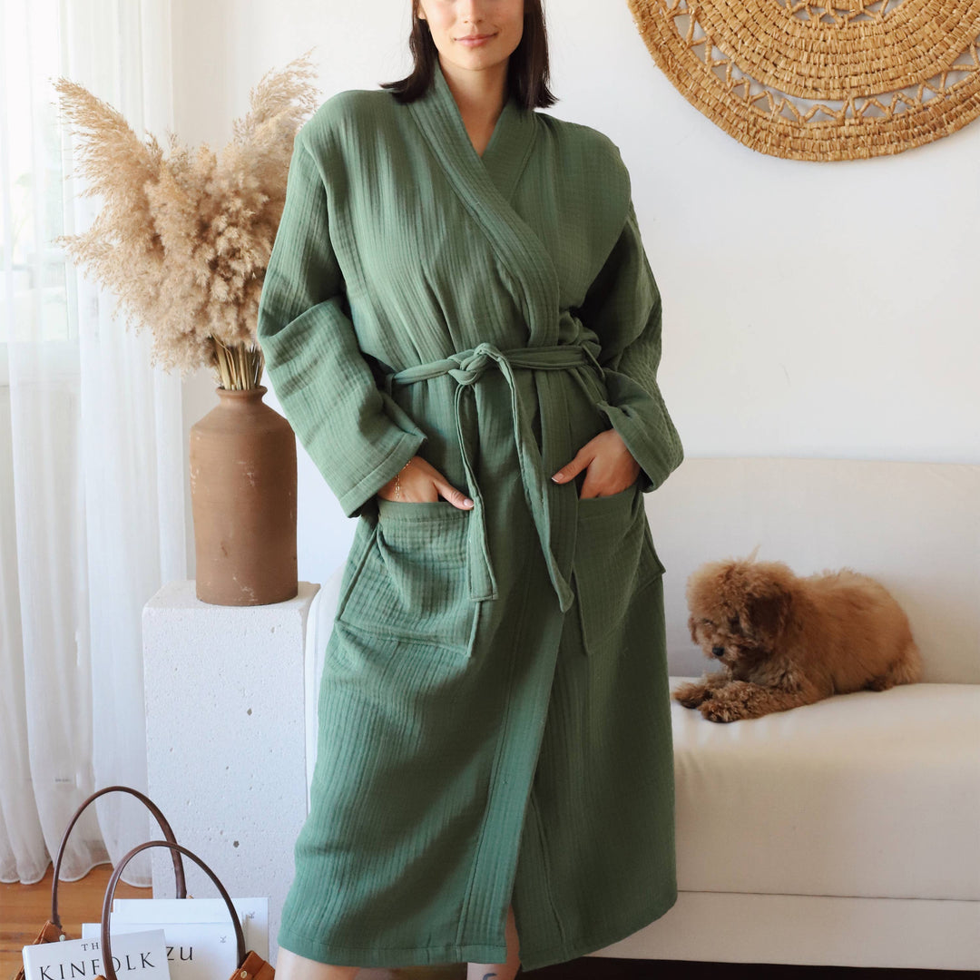 Luxury 4 Layer Muslin Bathrobe: Green