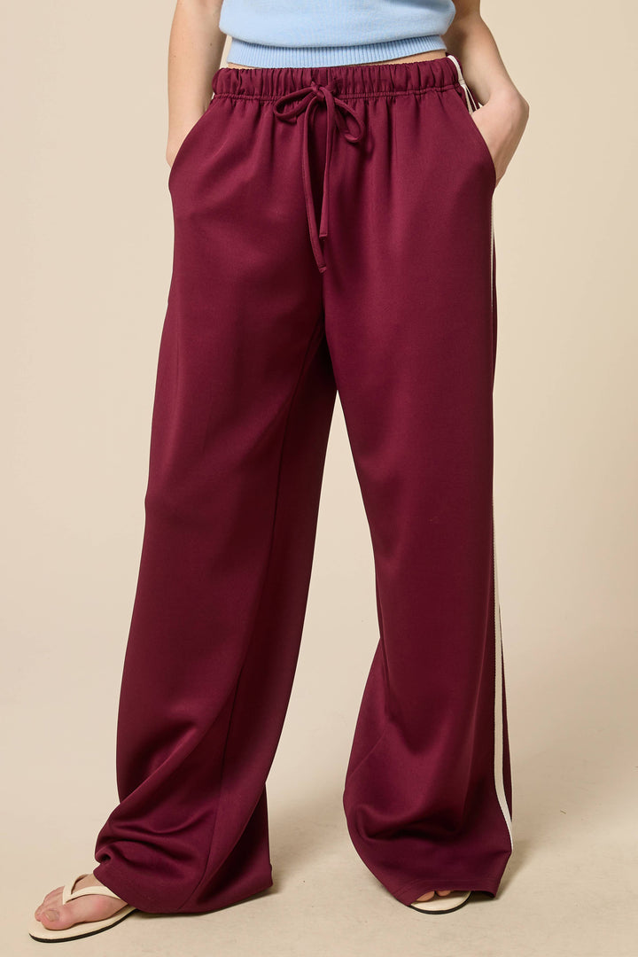 Wide Leg Track Pants with Side Stripes: Maroon