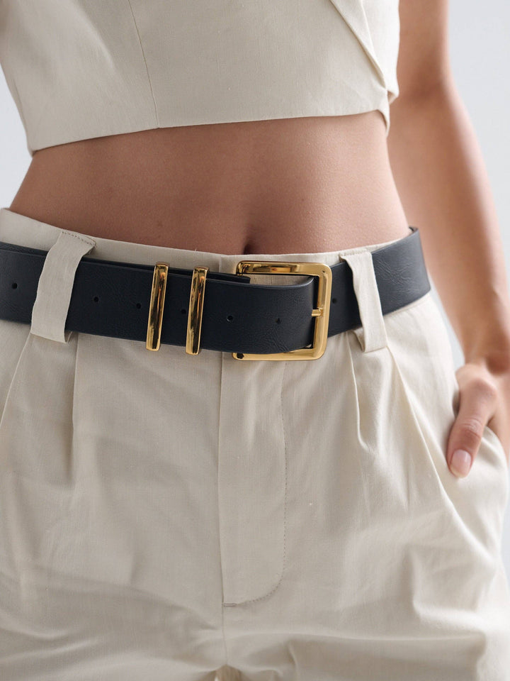 Chunky Leather Belt - Black/Gold