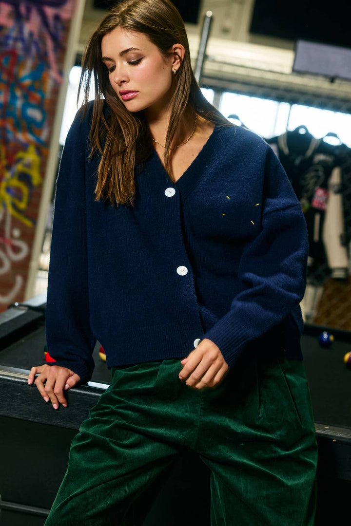 Embroidered "Lucky Duck" V-Neck Cardigan: NAVY/YELL