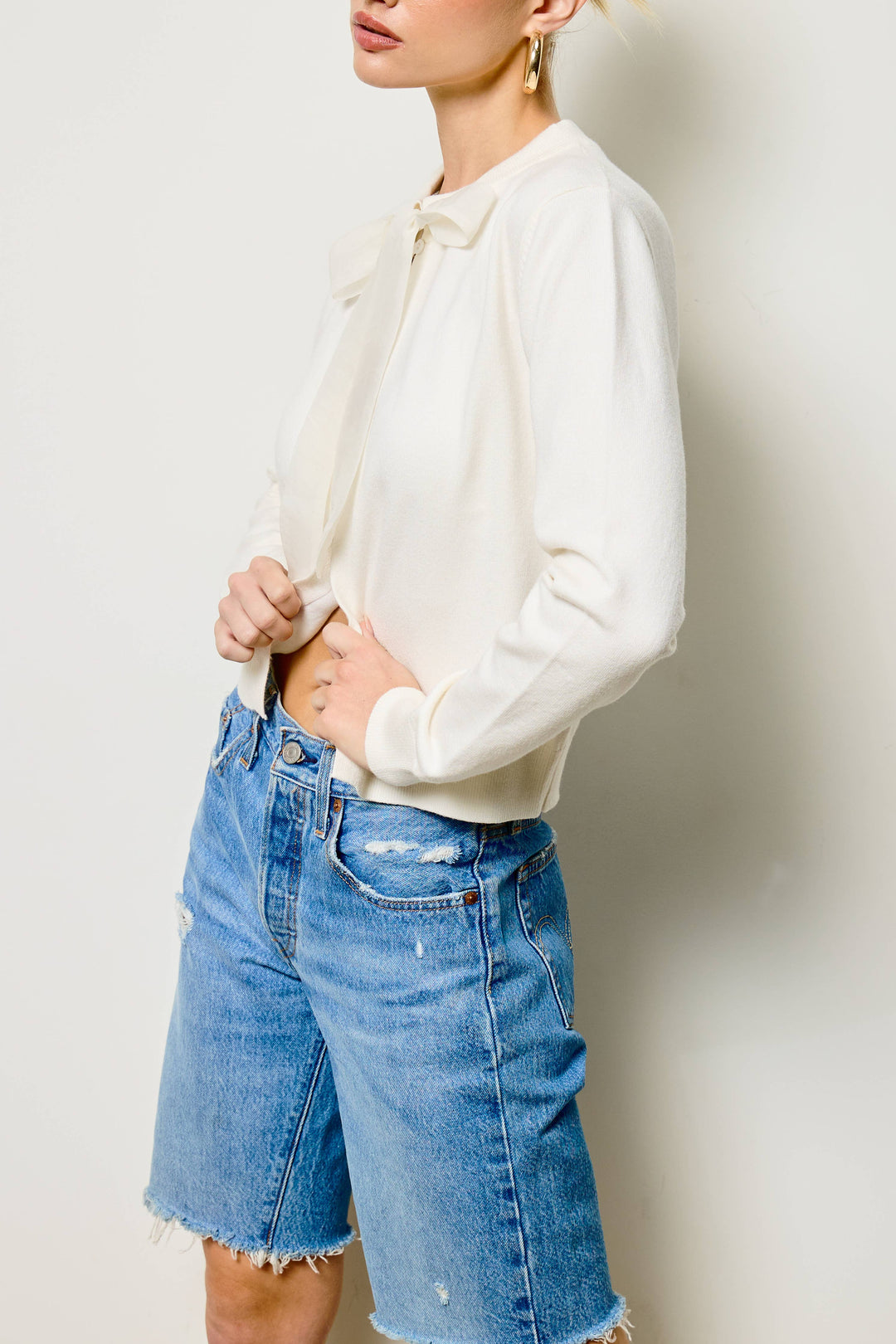 Chiffon Bow Tie Knit Cardigan: Ivory