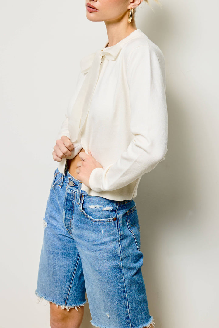 Chiffon Bow Tie Knit Cardigan: Ivory