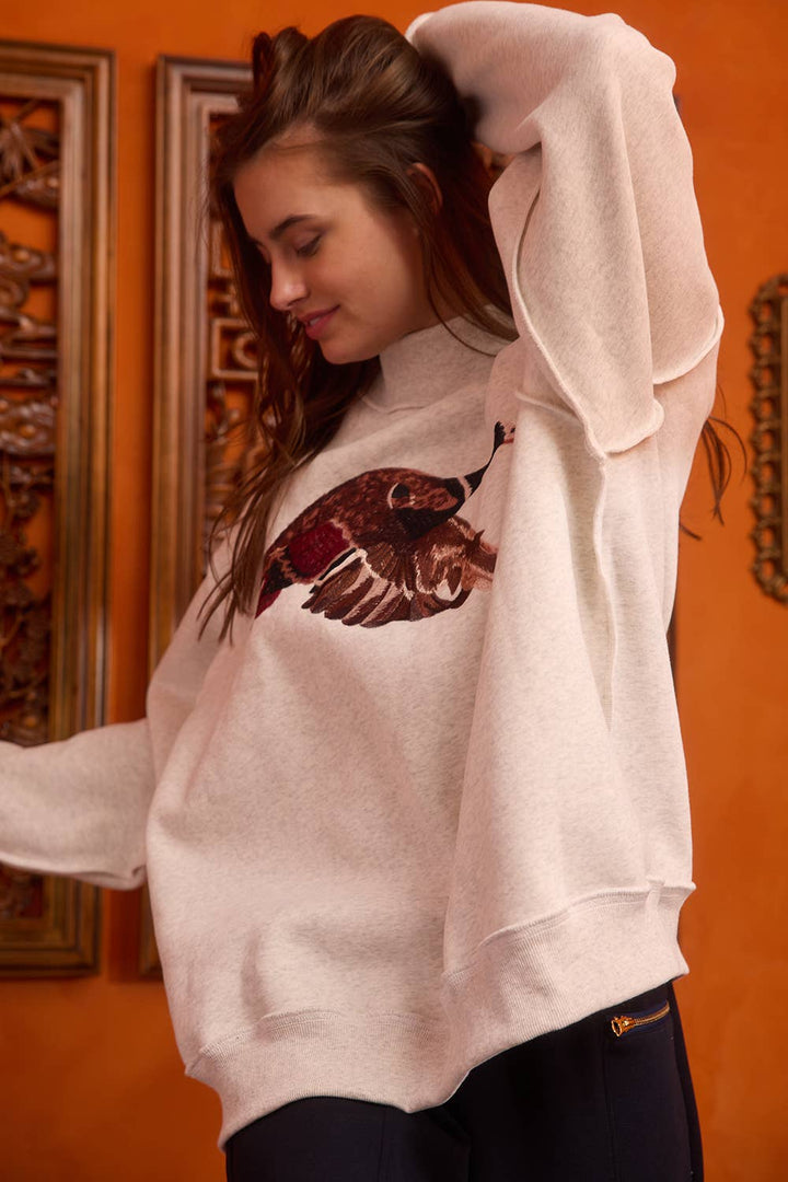 'MALLARD' Embroidered Mock-Neck Sweatshirt: ASH GREY