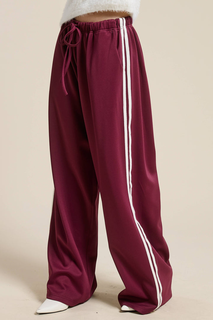 Wide Leg Track Pants with Side Stripes: Maroon