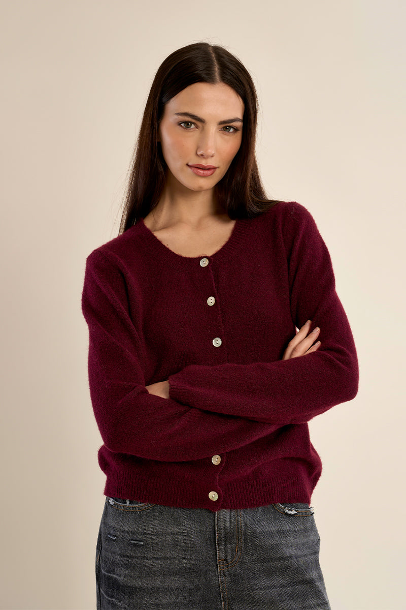 Round Neck Knit Cardigan- Bordeaux