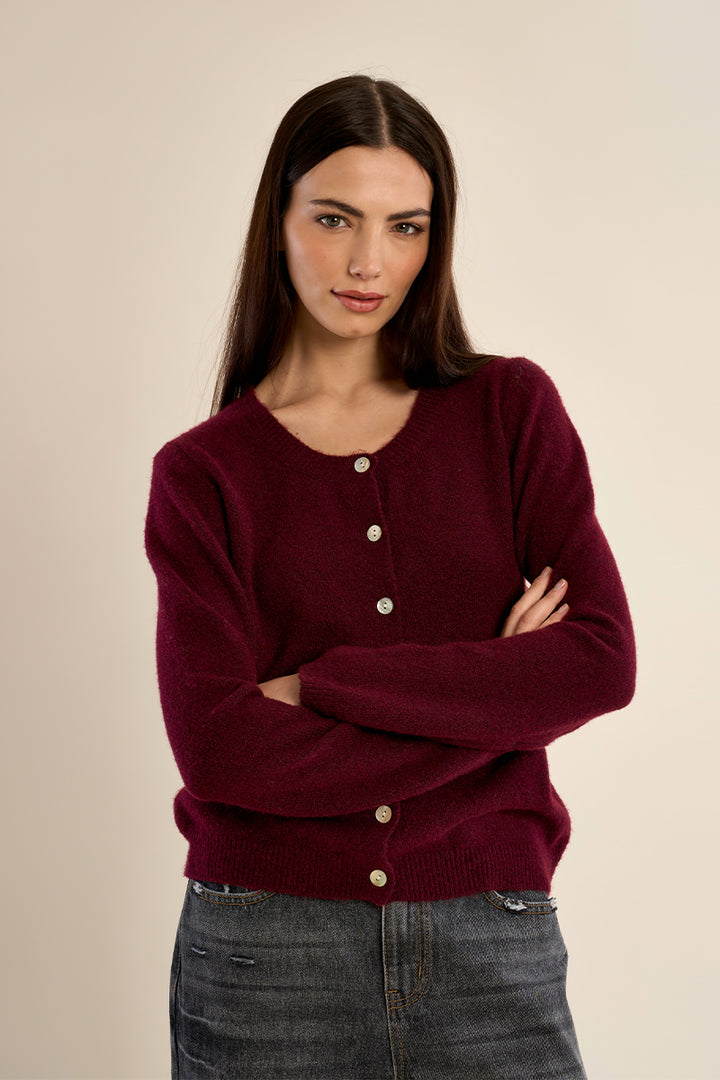 Round Neck Knit Cardigan- Bordeaux