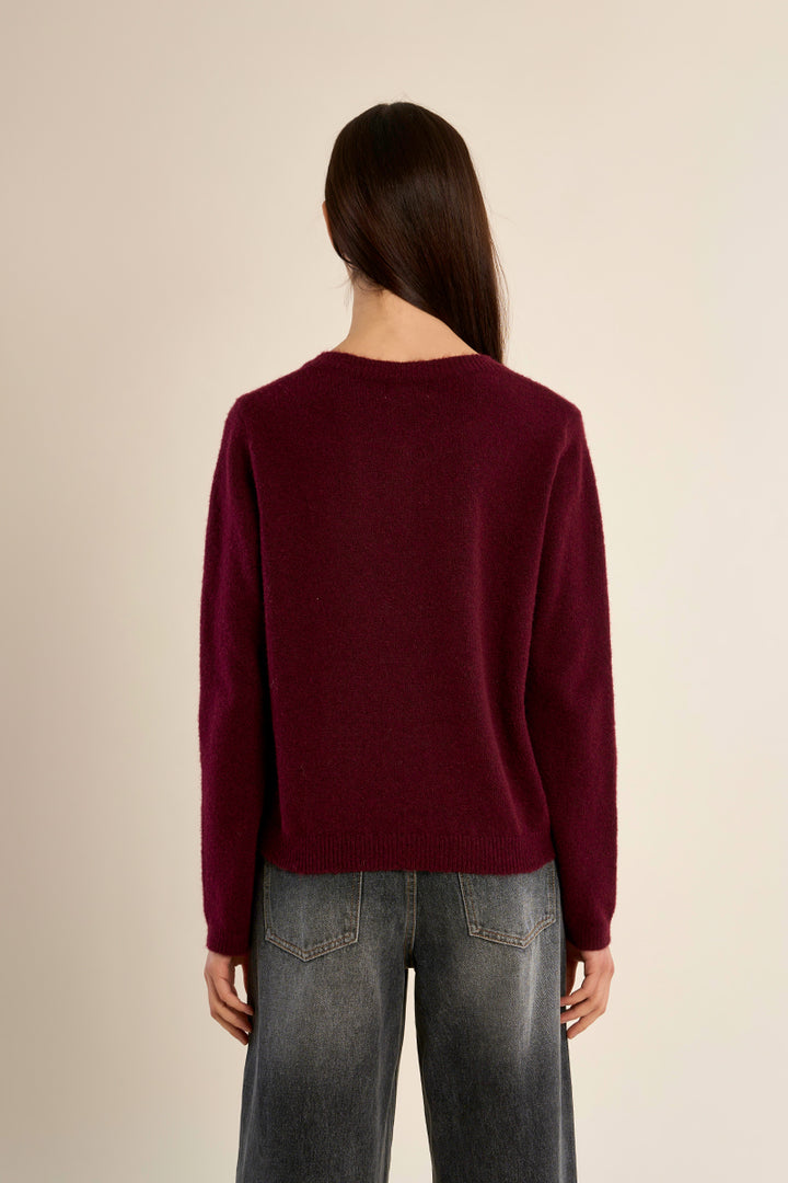 Round Neck Knit Cardigan- Bordeaux
