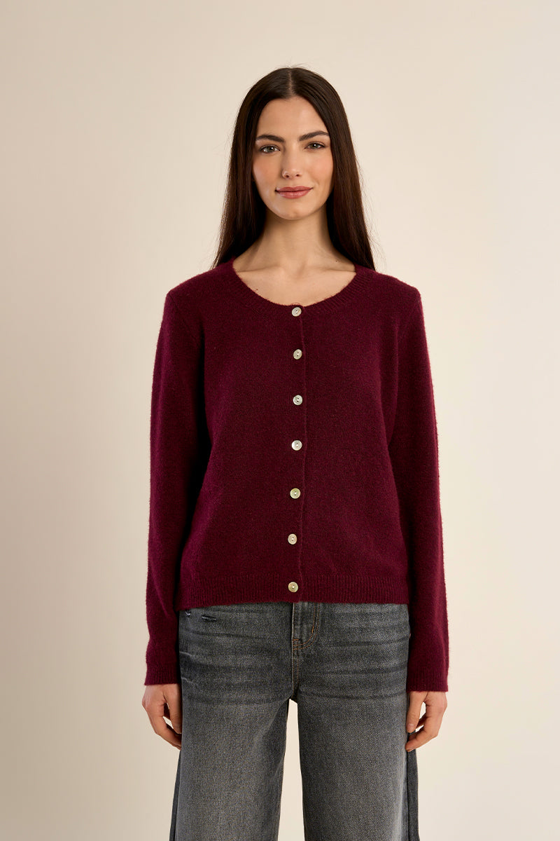 Round Neck Knit Cardigan- Bordeaux