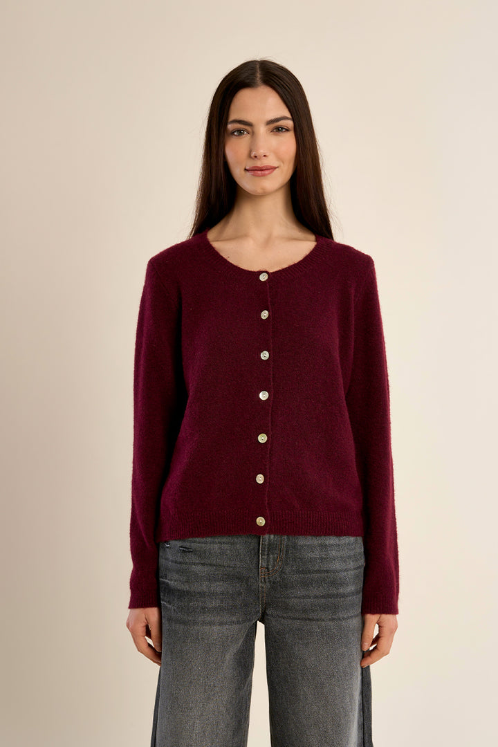 Round Neck Knit Cardigan- Bordeaux