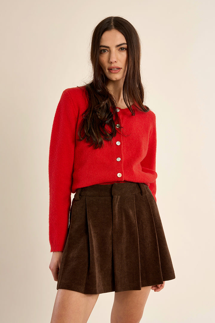 Round Neck Knit Cardigan- Red