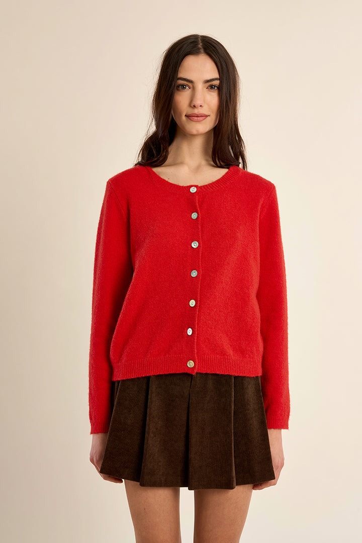 Round Neck Knit Cardigan- Red