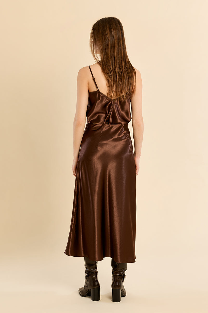 Satin High Waisted Skirt- Chocolate