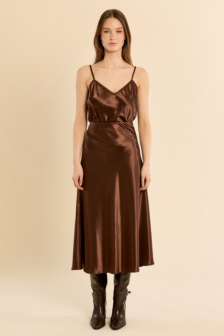 Satin High Waisted Skirt- Chocolate