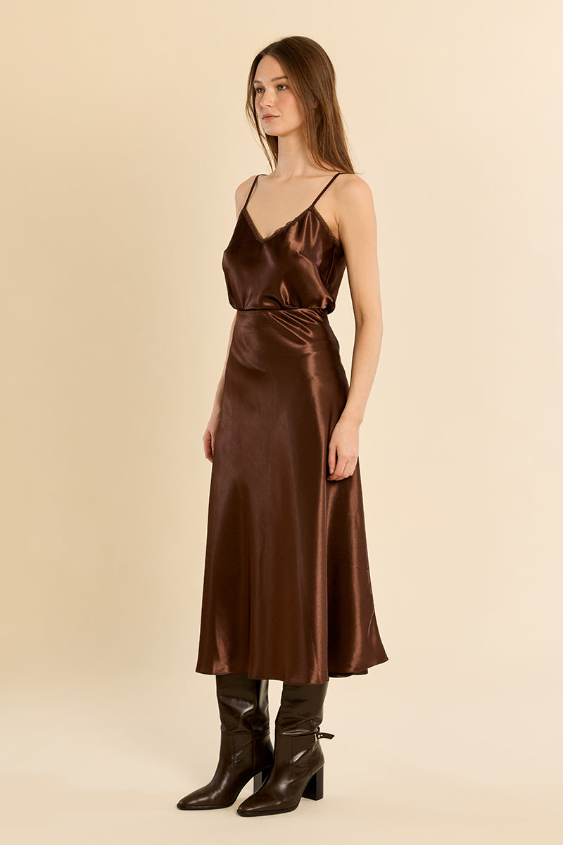 Satin High Waisted Skirt- Chocolate