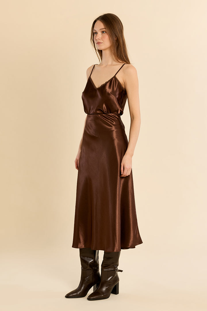 Satin High Waisted Skirt- Chocolate