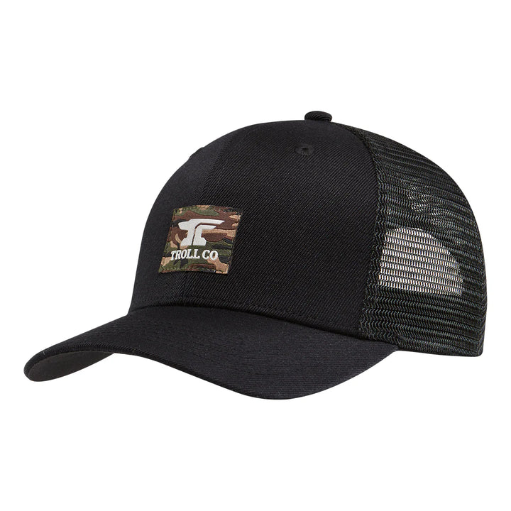 Anvil Woven Label Curved Brim Trucker Hat- Black Camo