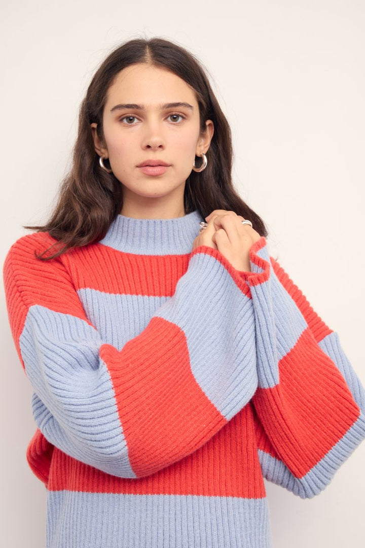 Freja Chunky Knit Sweater - Coral/Blue