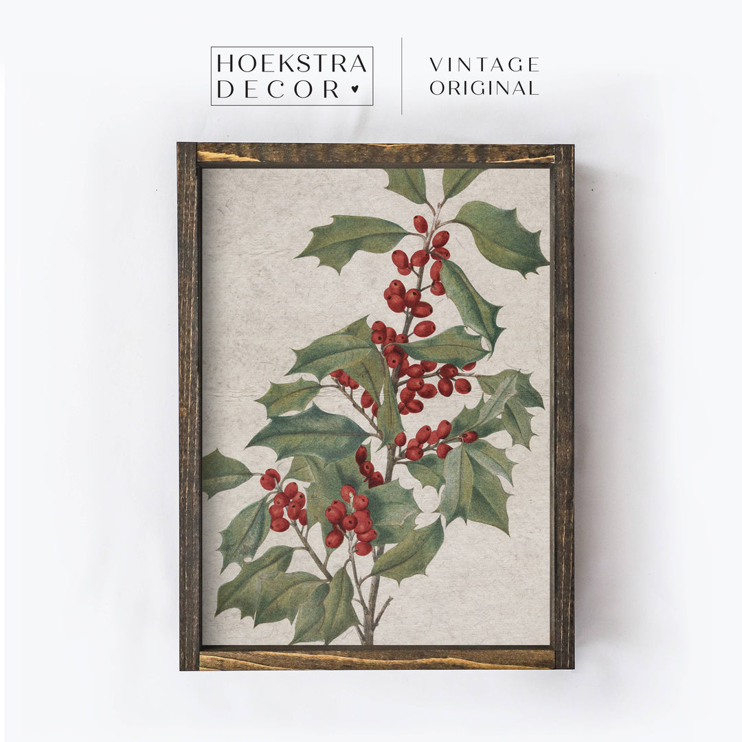 Vintage Christmas Holly| Vintage Framed Wood Sign