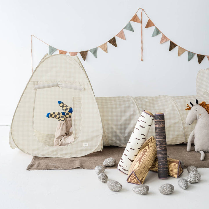 Kids 3-in-1 Play Tent & Tunnel Set with Recycled Fabric: Gingham Beige