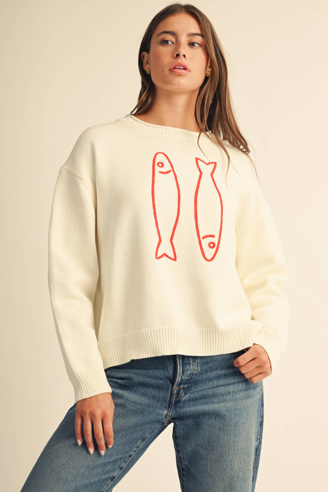 Oversized Graphic Knit Sweater: Sardine White