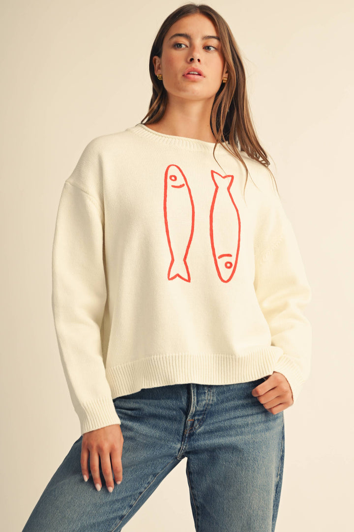 Oversized Graphic Knit Sweater: Sardine White