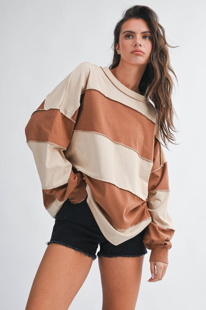 Contrast Panel Long Sleeve Slouchy Top: Natural Caramel