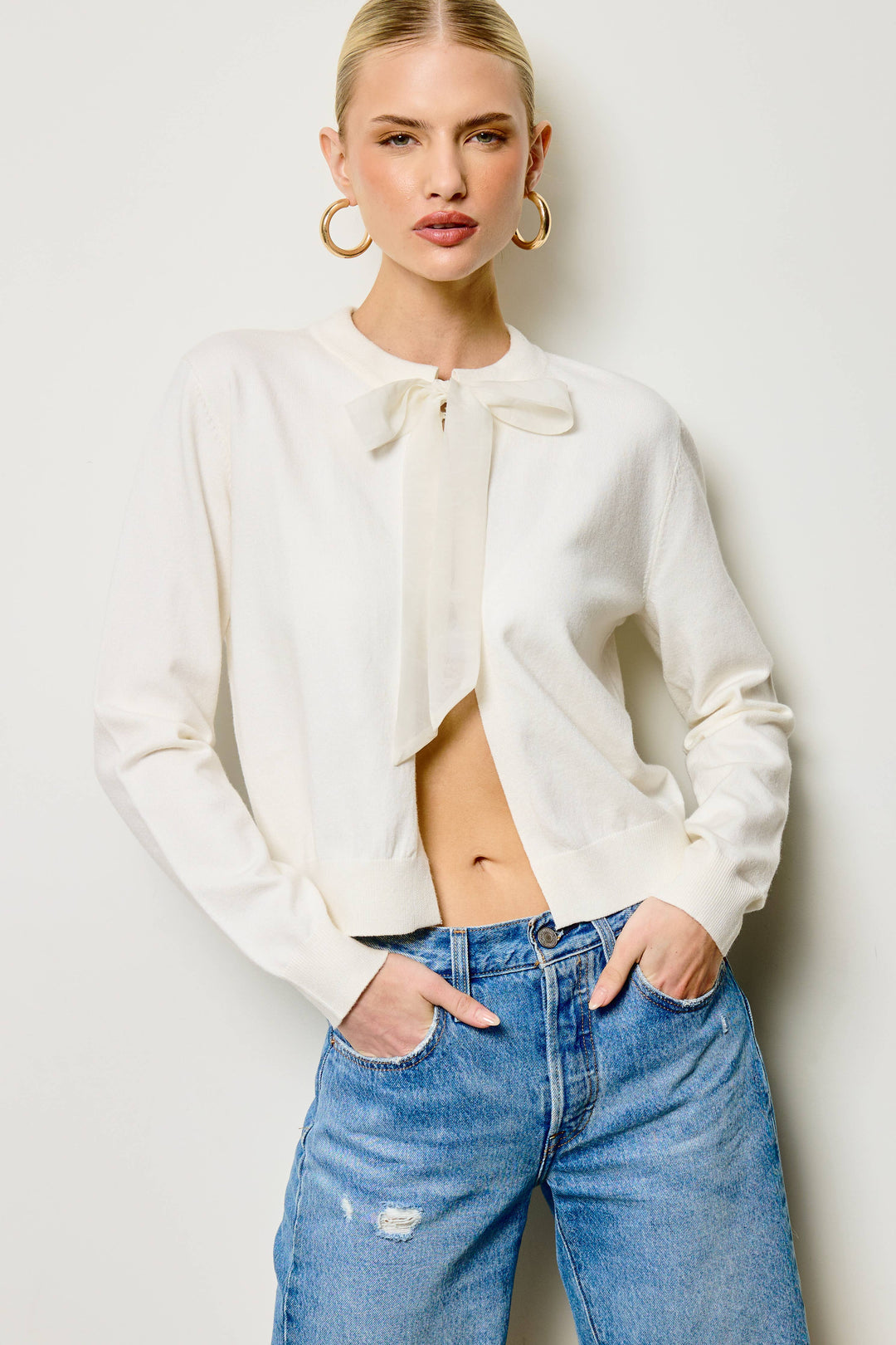 Chiffon Bow Tie Knit Cardigan: Ivory