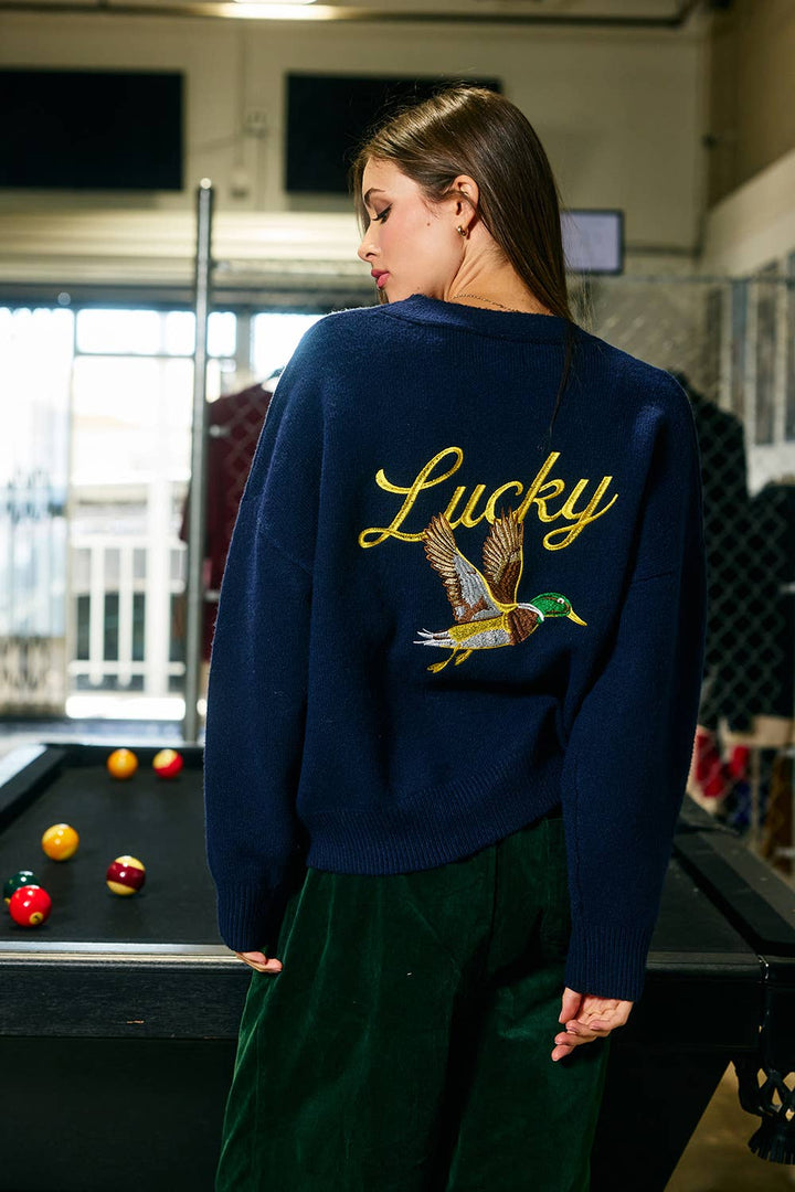 Embroidered "Lucky Duck" V-Neck Cardigan: NAVY/YELL