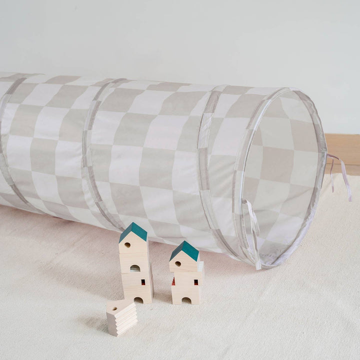 Kids Play Tunnel with Recycled Fabric: Gingham Beige