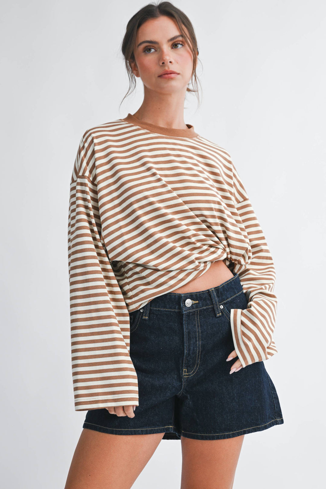 Oversized Stripe Long Sleeve Top: Latte