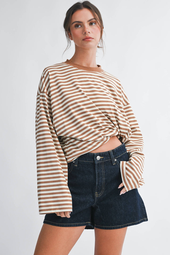 Oversized Stripe Long Sleeve Top: Latte