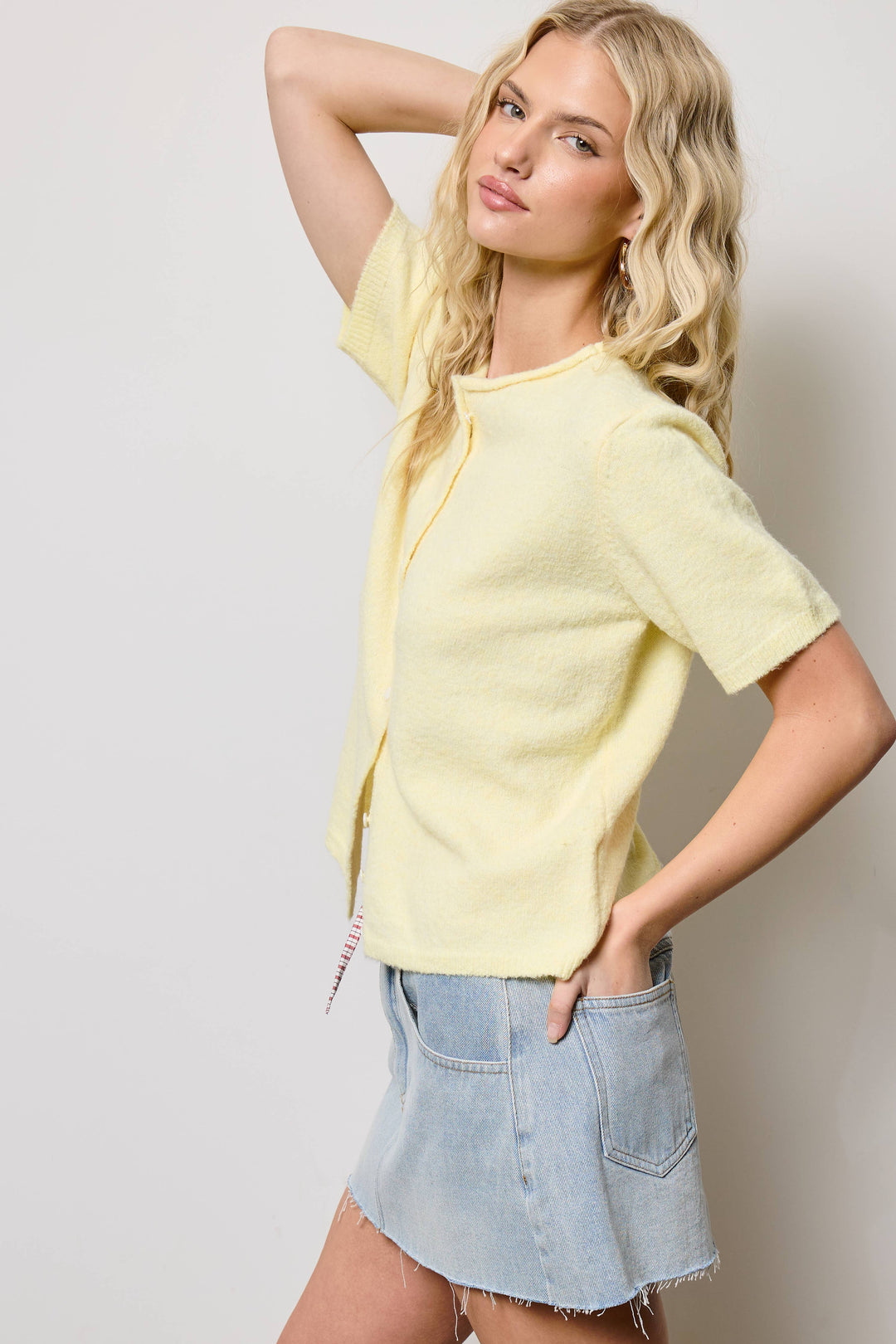 Short Sleeve Button Down Cardigan Top: Butter