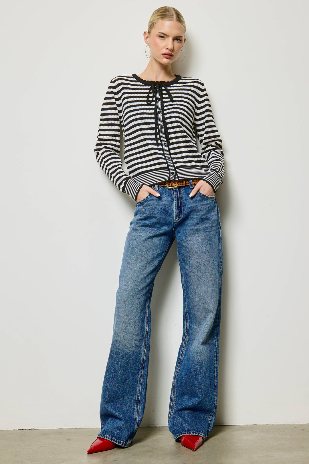 Mixed Stripe Bow Tie Cardigan: Black