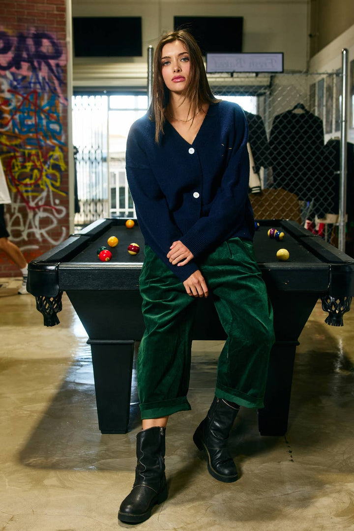 Embroidered "Lucky Duck" V-Neck Cardigan: NAVY/YELL