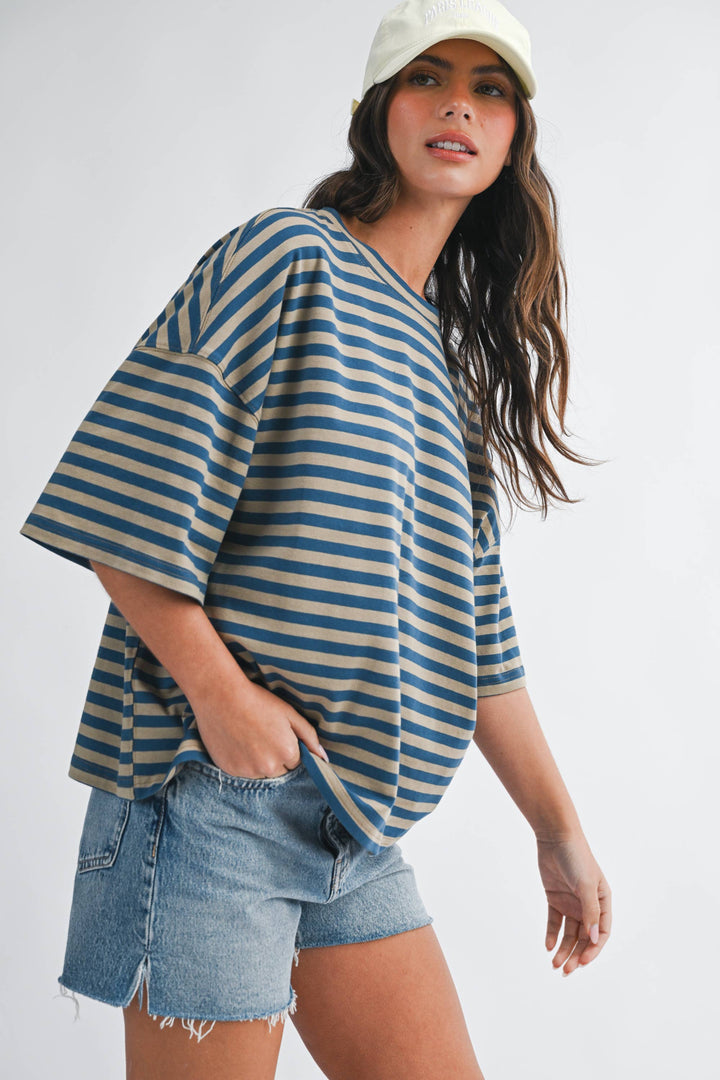 Oversized Stripe Boyfriend Tee: Tan