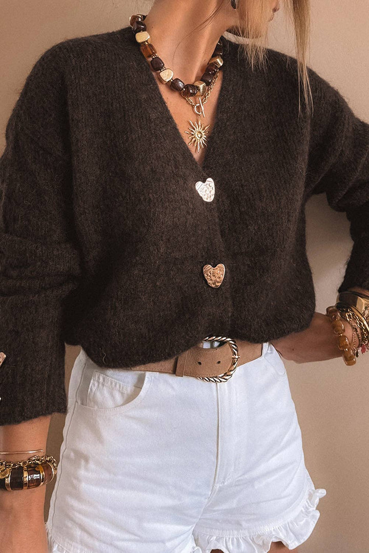 Chicory Coffee Heart Metal Button V Neck Cardigan Sweater: Chicory Coffee
