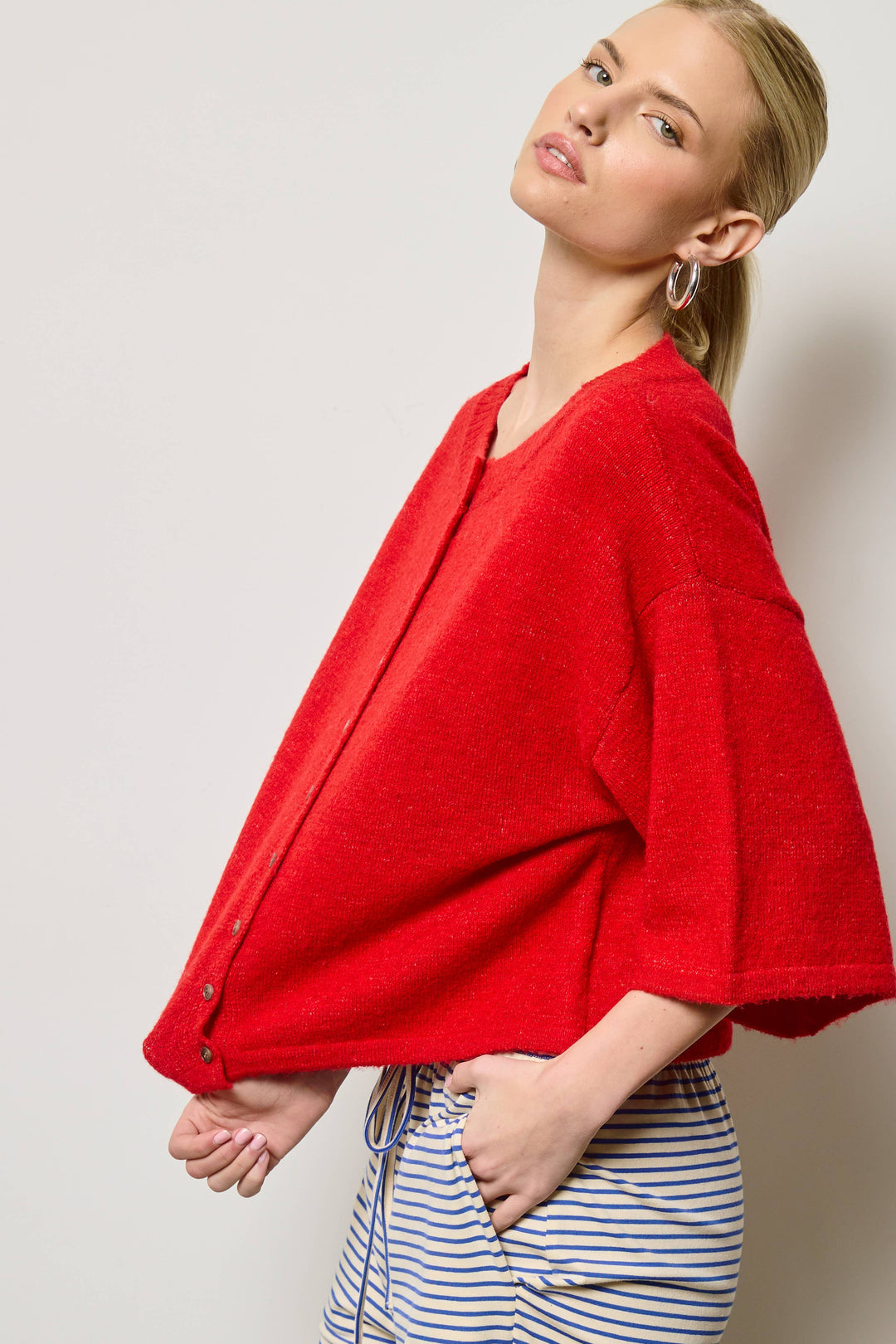 Wide Sleeve Button Front Knit Cardigan: Red