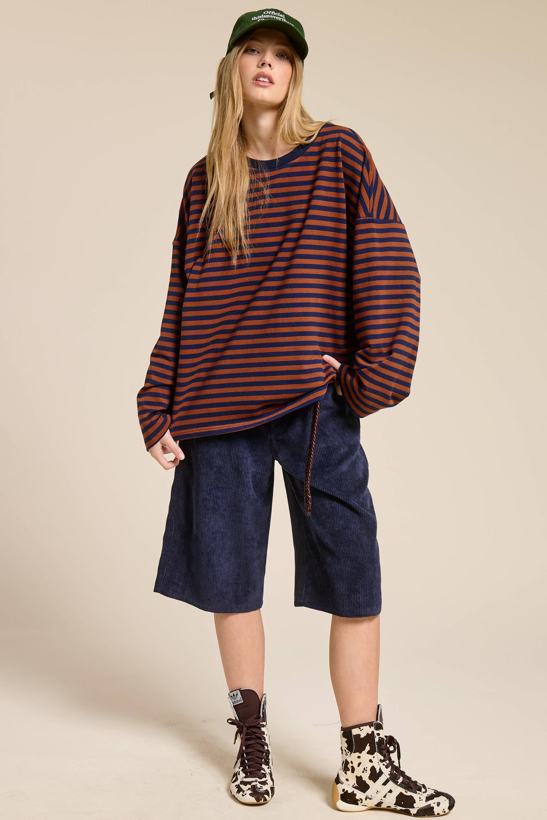 Striped Terry Oversized Long Sleeve Top: Brown
