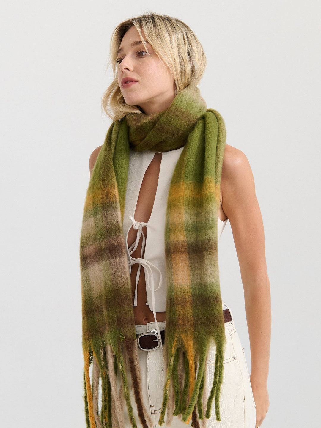 Checkered Fluffy Scarf - Matcha