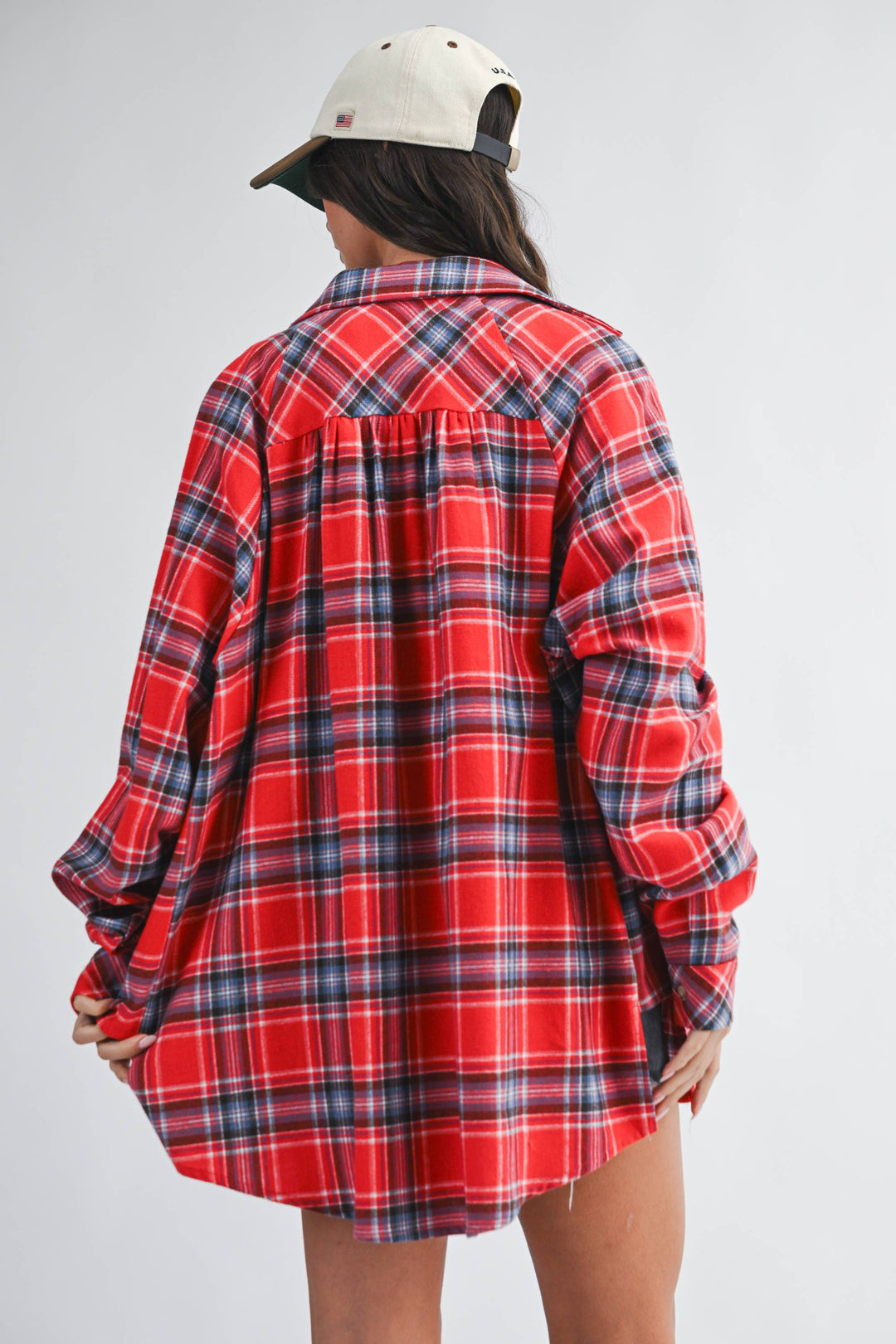 Oversized Plaid Button Down Shirt: Red