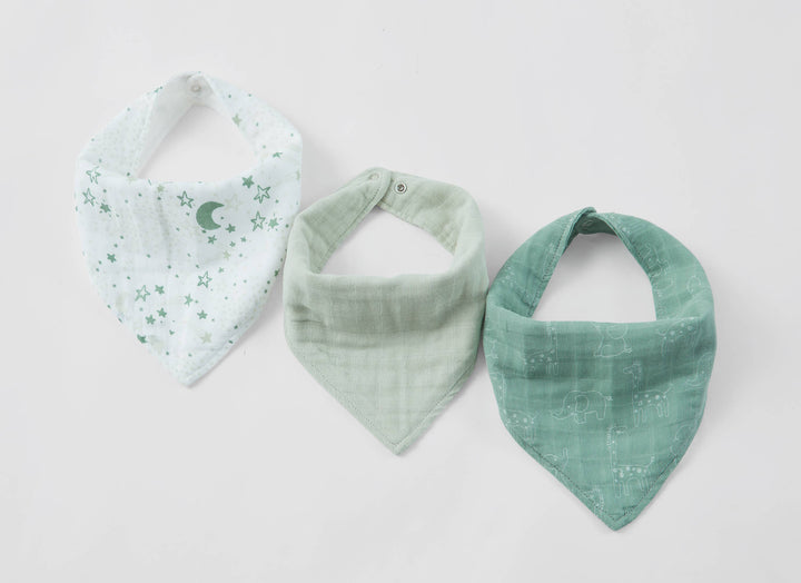 3 Pc Pack Muslin Bandana Bibs One Size- Green