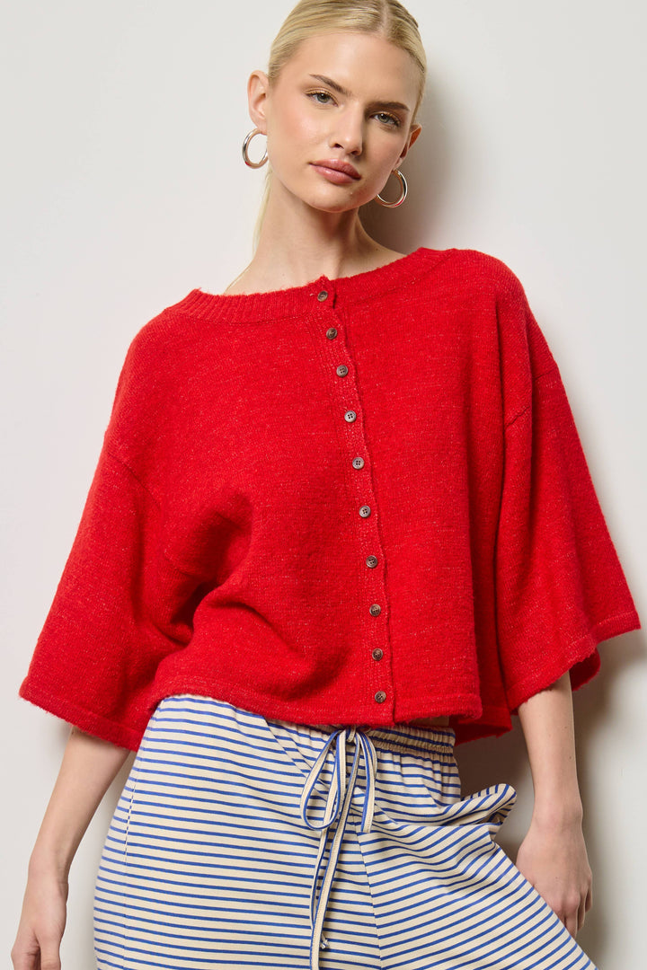 Wide Sleeve Button Front Knit Cardigan: Red