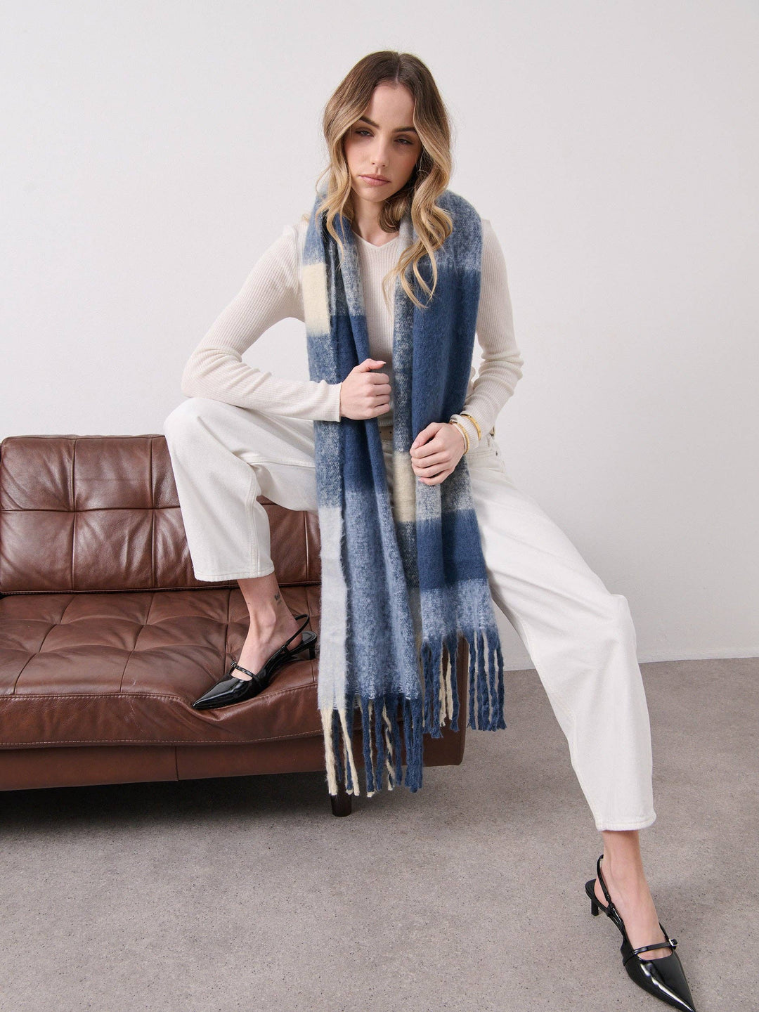 Checkered Fluffy Scarf - Multi Blue