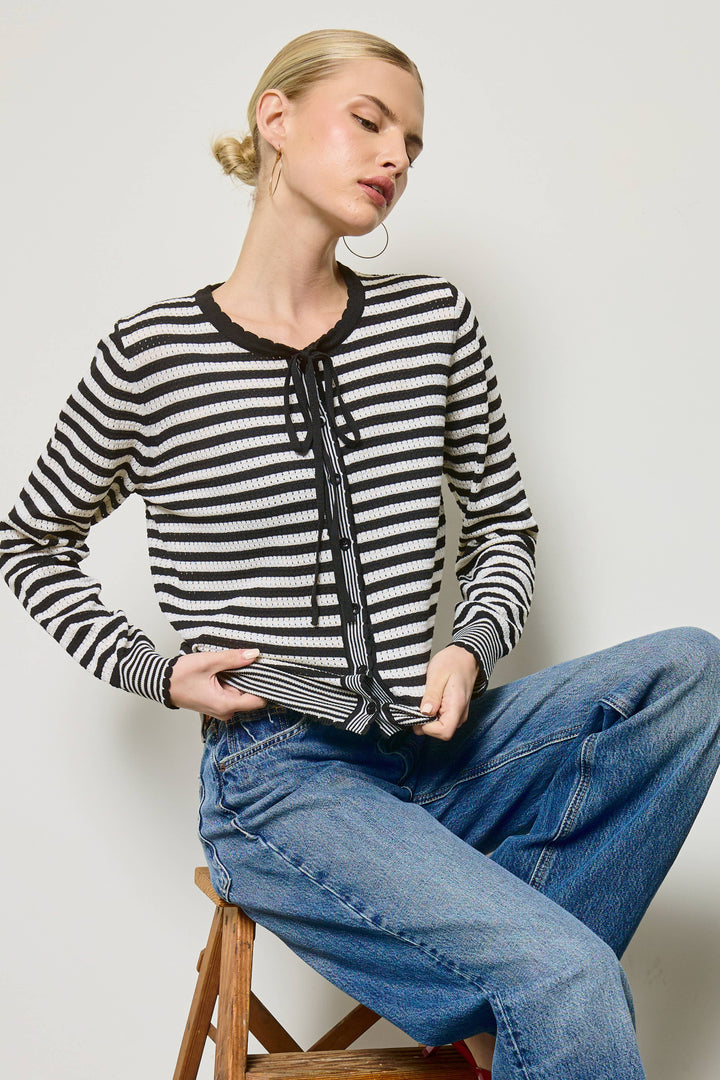 Mixed Stripe Bow Tie Cardigan: Black