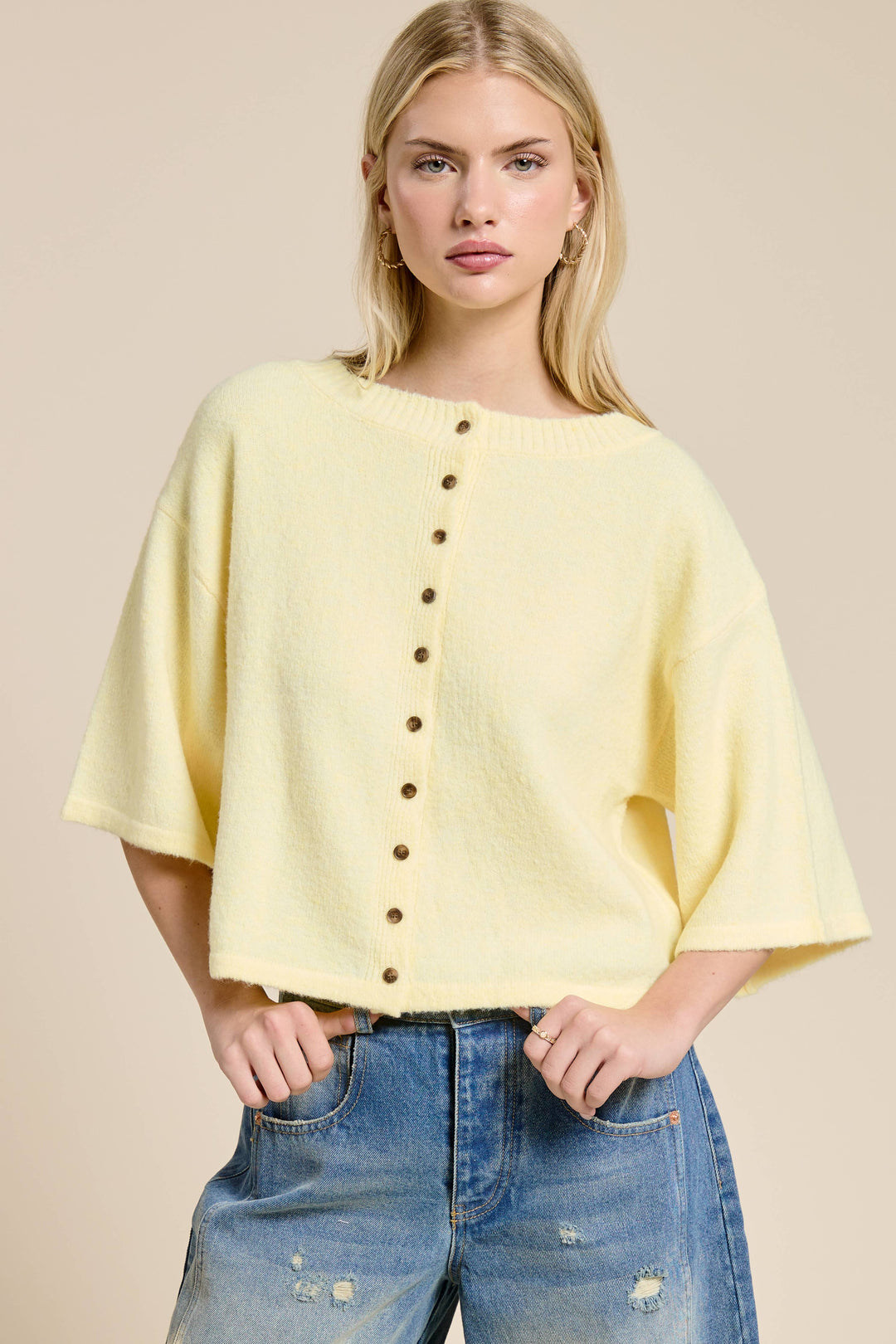 Wide Sleeve Button Front Knit Cardigan: Butter