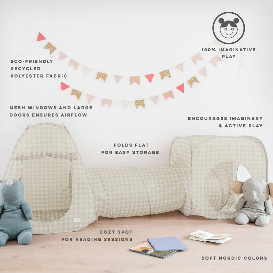 Kids 3-in-1 Play Tent & Tunnel Set with Recycled Fabric: Gingham Beige