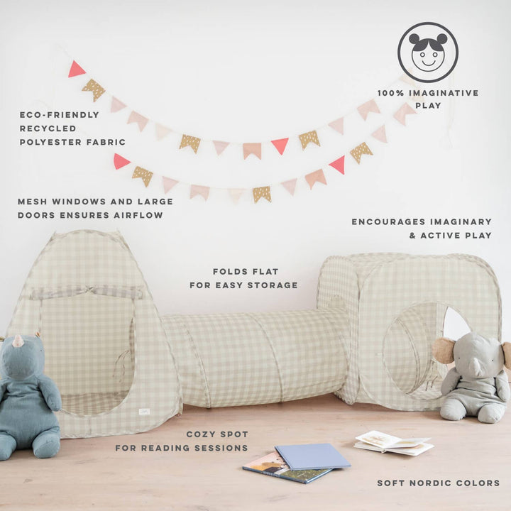 Kids 3-in-1 Play Tent & Tunnel Set with Recycled Fabric: Gingham Beige